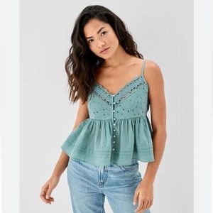 American Eagle Outfitters Teal Eyelet Peplum Tank Top